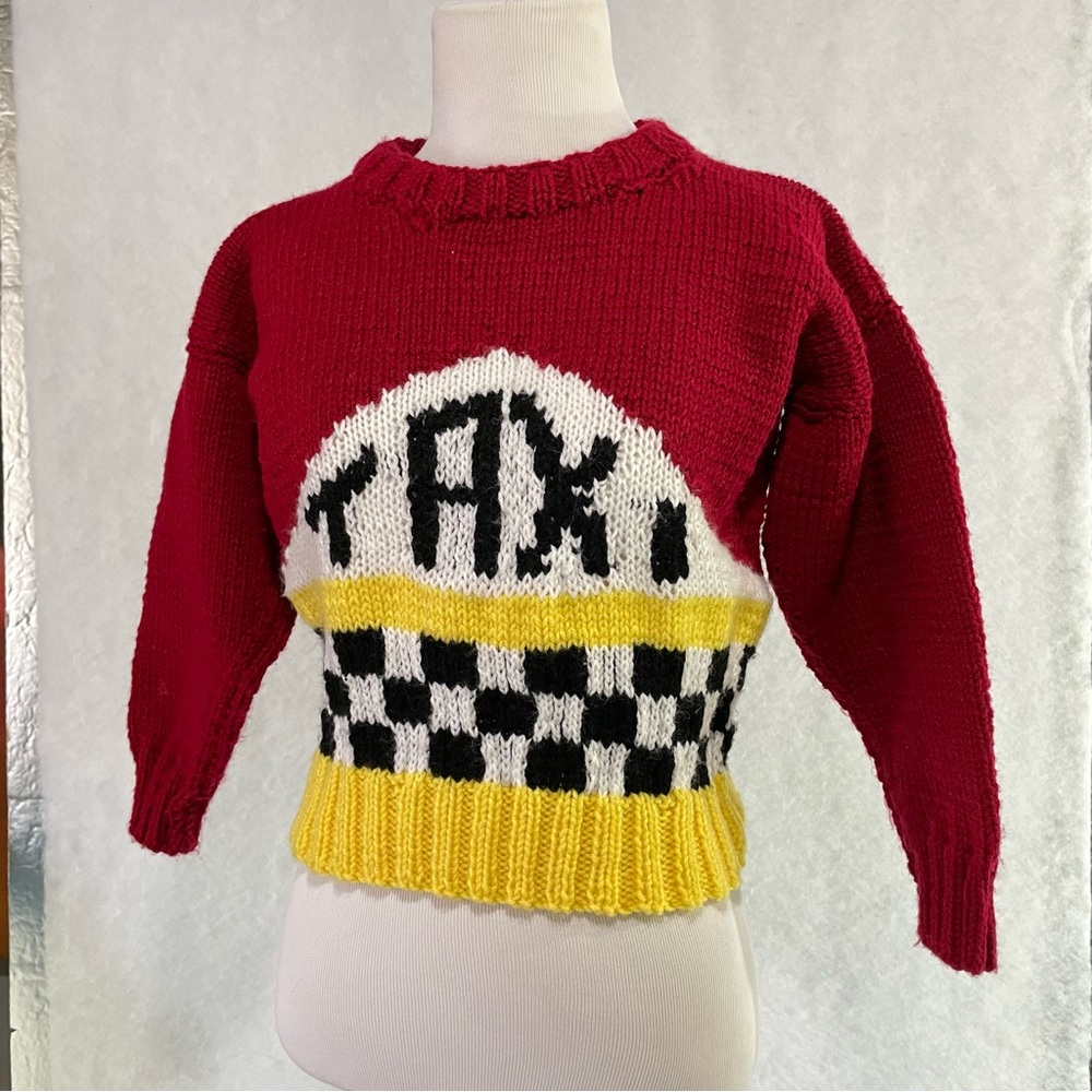Vintage Taxi Sweater Hand Made Knit Small Taxi Cab Novelty Print Retro